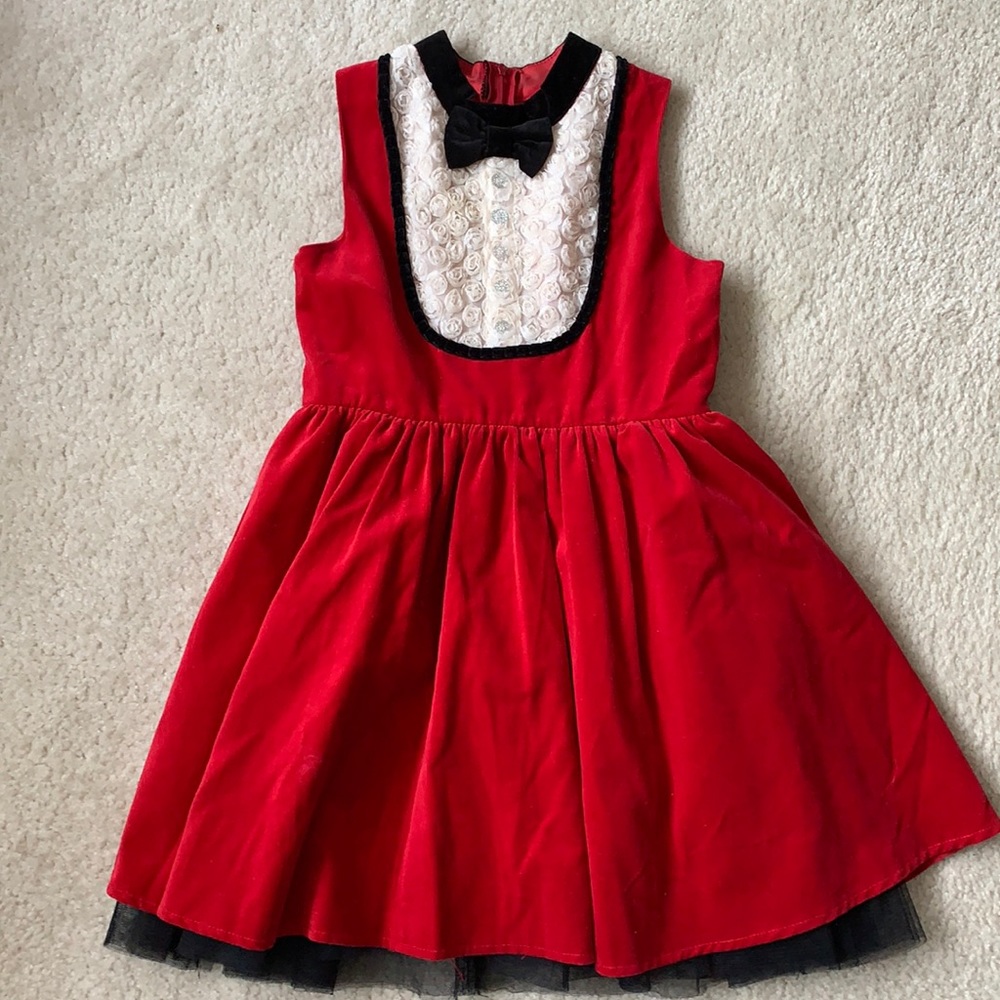 Adorable Girls Red Velveteen Tuxedo Dress